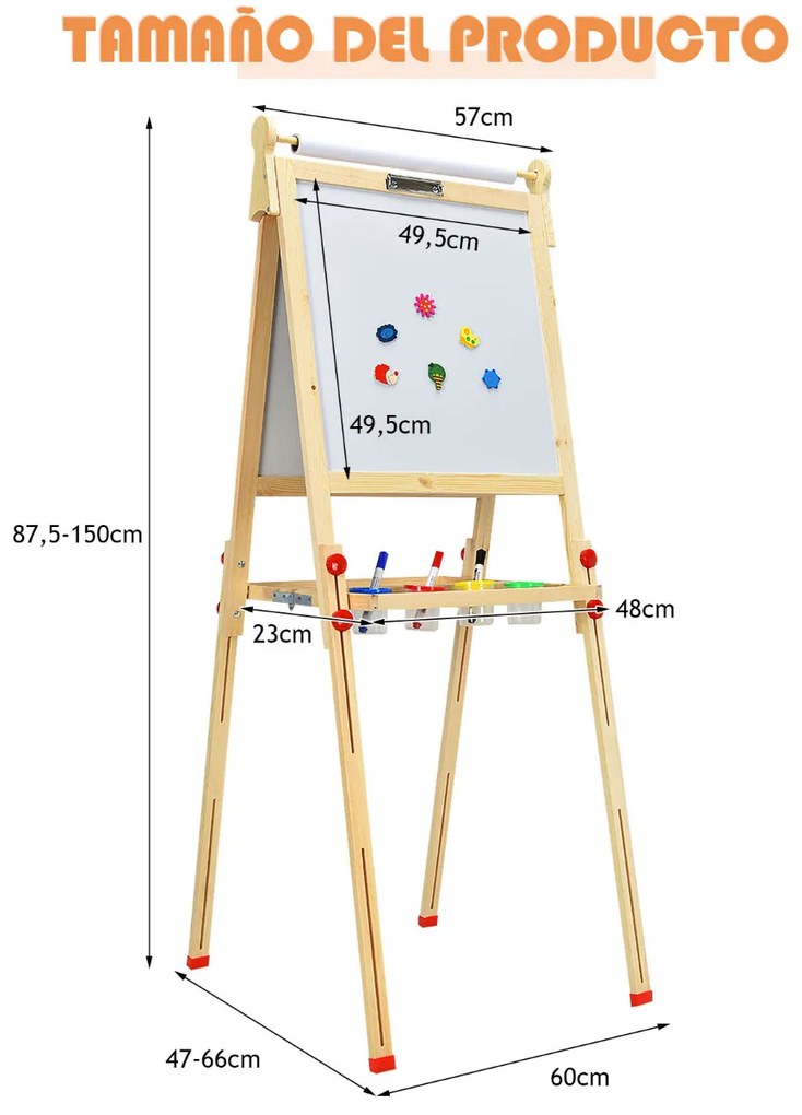 Quadro Infantil 3 em 1 Quadro Dupla Face com Quadro Branco e Quadro Preto Rolo de Papel Ajustável em Altura com Acessórios Completos