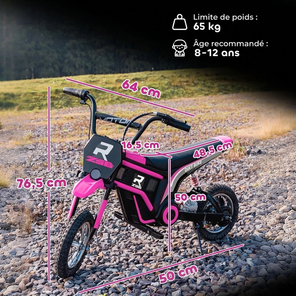 Moto Cross Elétrica Infantil 8-12 anos, 119 x 64 x 76,5 cm, 2 Velocidades Reguláveis, Rosa