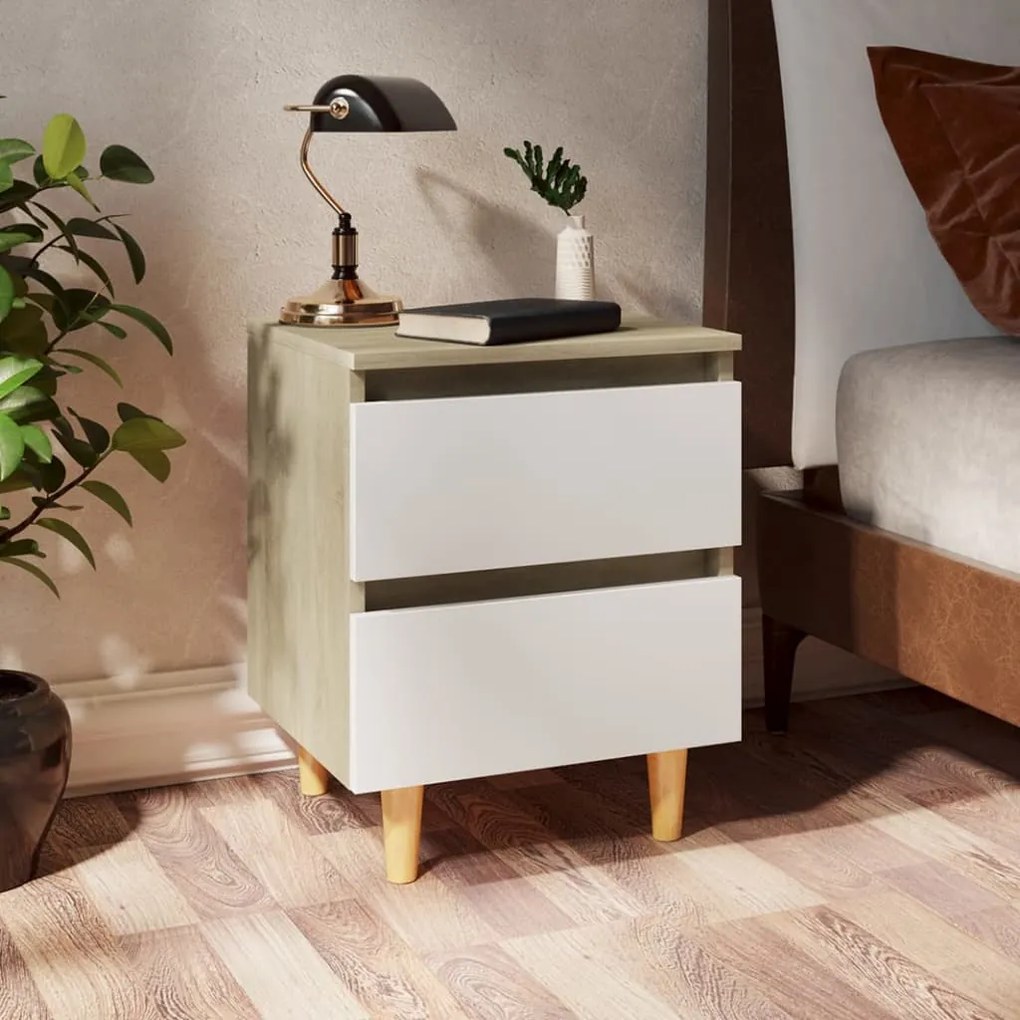 vidaXL Mesa cabeceira c/ pernas pinho 40x35x50 cm branco/carv. sonoma