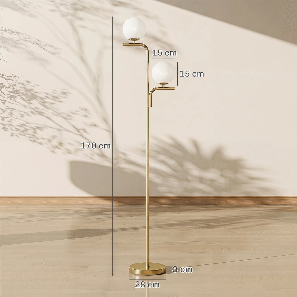 Candeeiro de pé para sala com duas cabeças, candeeiro de pé com 3 temperaturas de luz, abajur de vidro, dourado