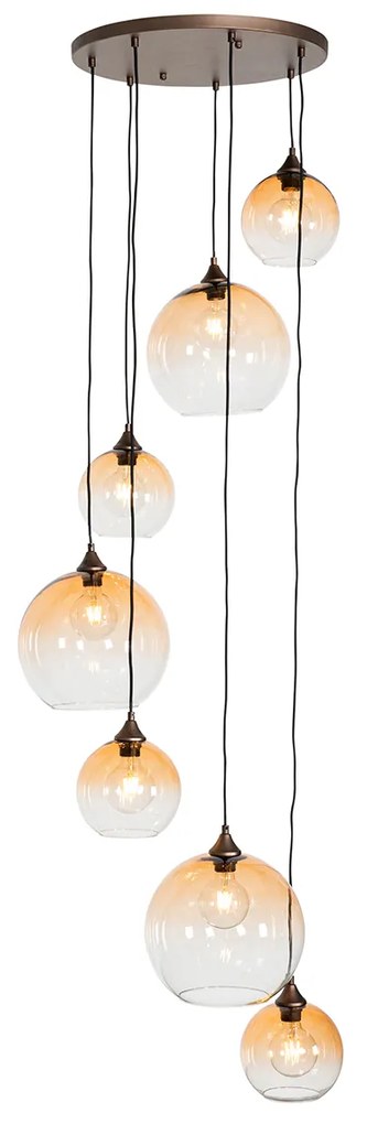 Candeeiro de suspensão Art Déco bronze escuro com vidro âmbar 7 luzes - Sandra Art Deco