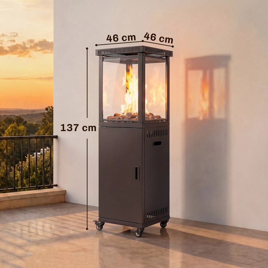 Aquecedor a Gás para Terraço 13 kW Portátil a Propano Regulação Contínua Sistema Antiqueda 4 Rodas Preto
