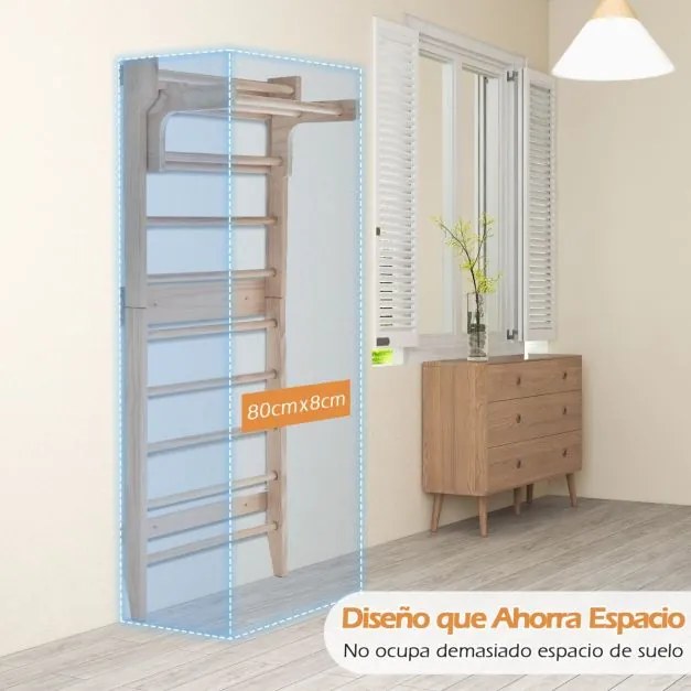 Escada de ginástica e fisioterapia de parede 80 cm x 48 cm x 195 cm com 10 barras fixas de madeira maciça. Carga máxima: 100 kg. Natural.