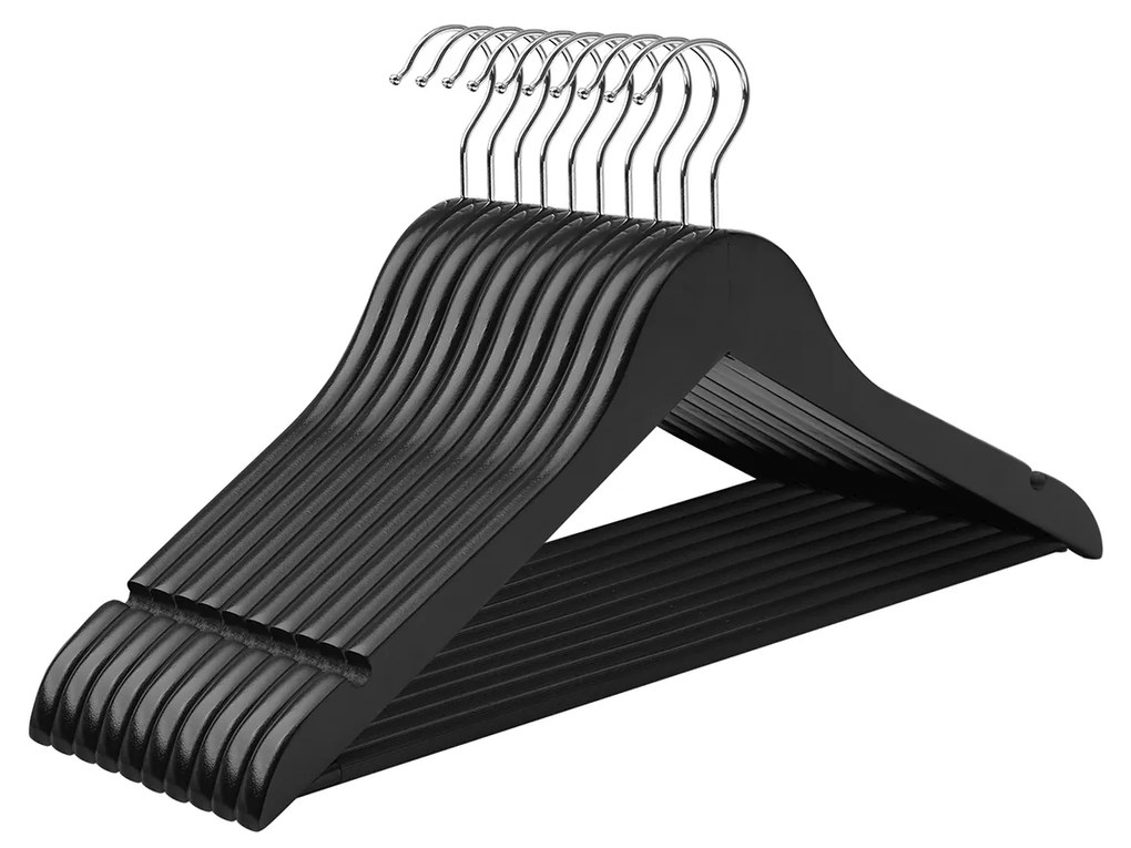 Cabides de madeira SONGMICS, conjunto de 10, cabides para casacos, cabides para roupas, com entalhes nos ombros, barra antiderrapante para calças, gancho giratório 360°, para ternos, camisas, casacos, preto CRW02B10