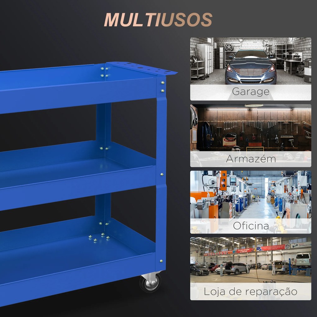 Carrinho de Ferramentas com Rodas 3 Prateleiras de Armazenamento e Alça Lateral 83x35,3x76 cm Azul
