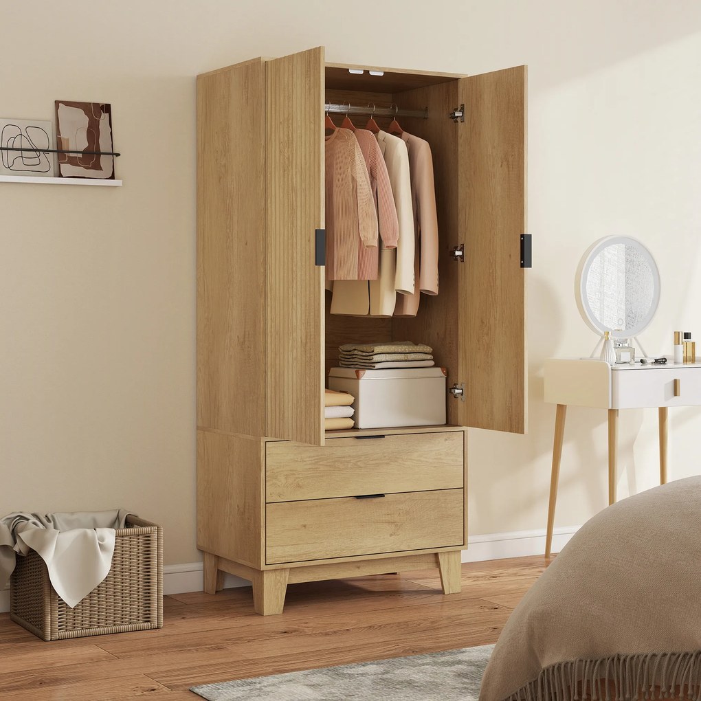Guarda roupa de quarto 80 x 50 x 180 cm com 2 portas com fecho suave, 2 gavetas e barra para pendurar roupa, madeira natural