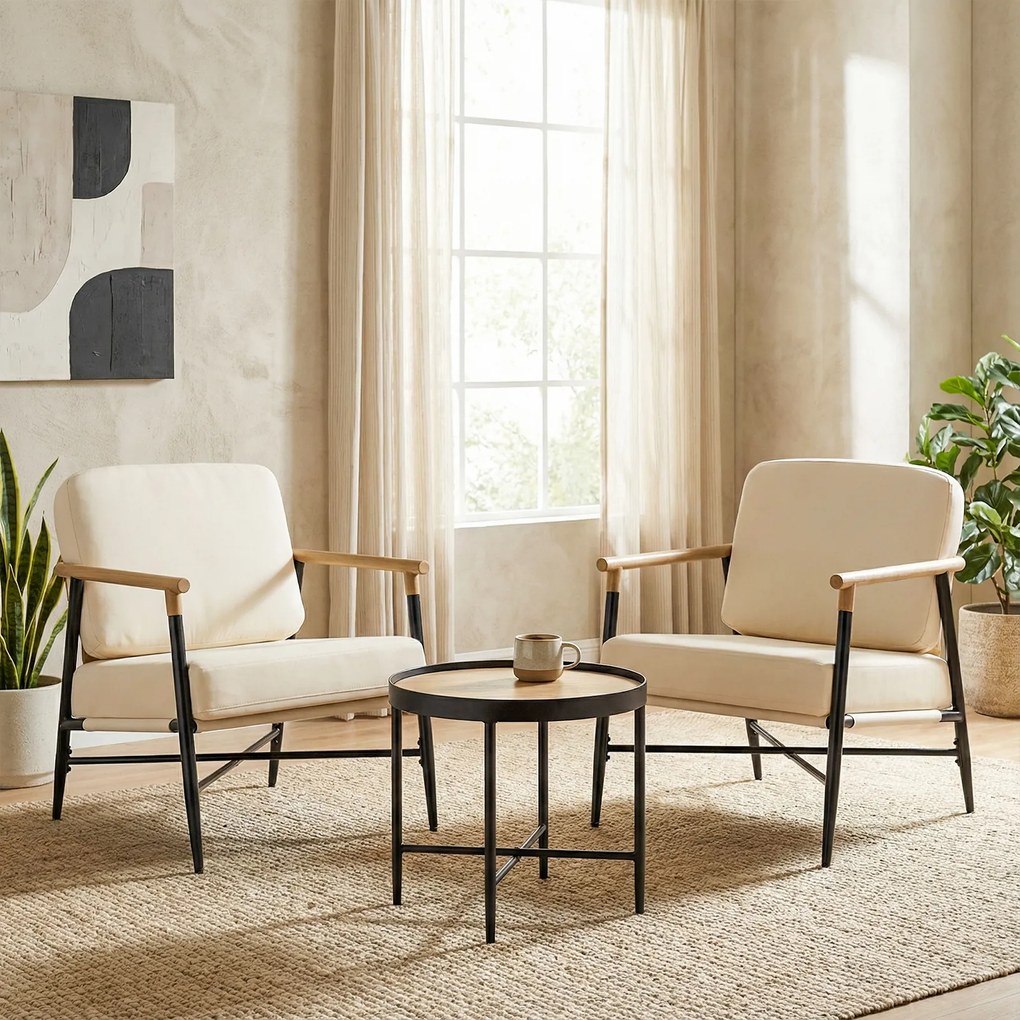 Poltrona moderna de sala, poltrona decorativa com almofadas removíveis com fecho de correr, Estrutura de metal e pés ajustáveis, confortável, bege