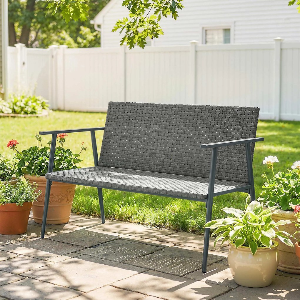 Banco de jardim de 2 lugares em resina trançada e aço 110 x 58 x 78 cm, com braços, encosto e pés ajustáveis, cinzenta