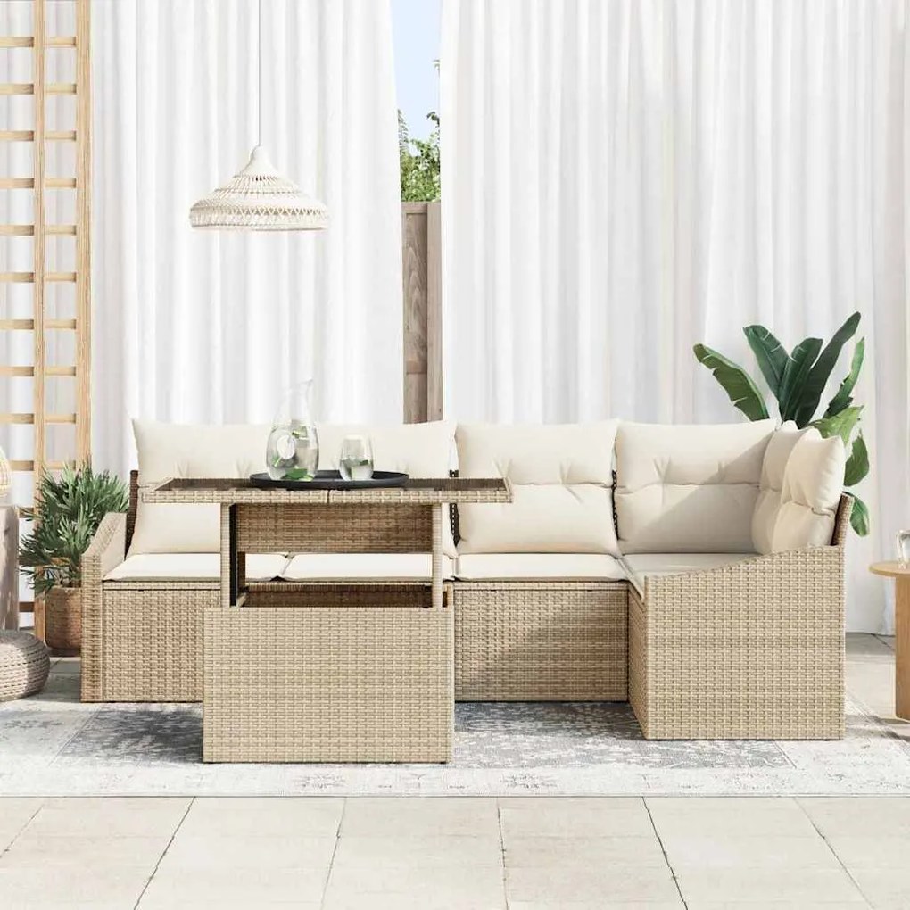Conjunto de Sofá de Jardim 6 Peças com Almofadas Bege em Rattan