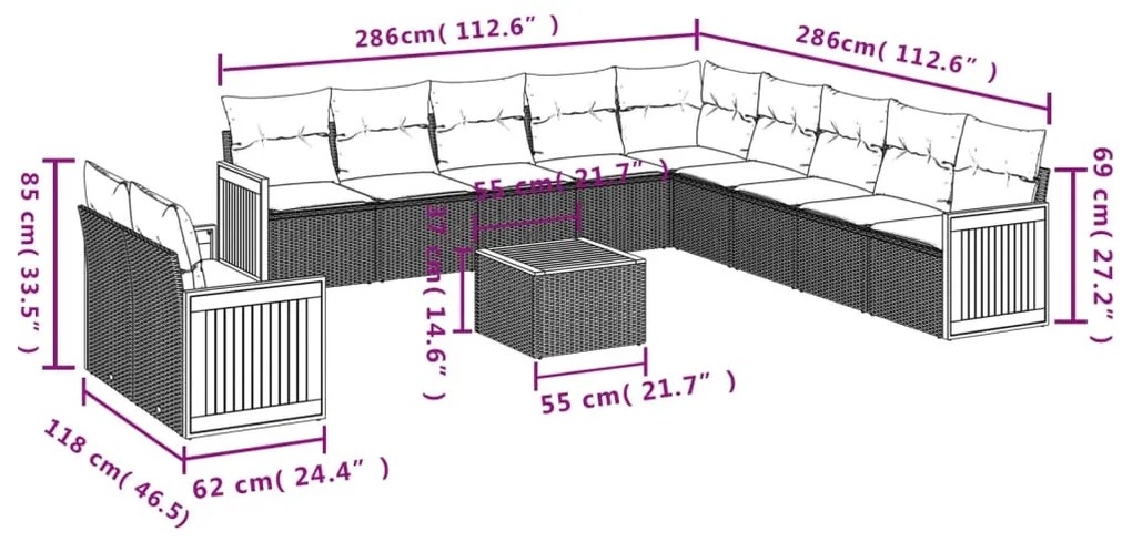 12 pcs conjunto de sofás de jardim c/ almofadões vime PE preto