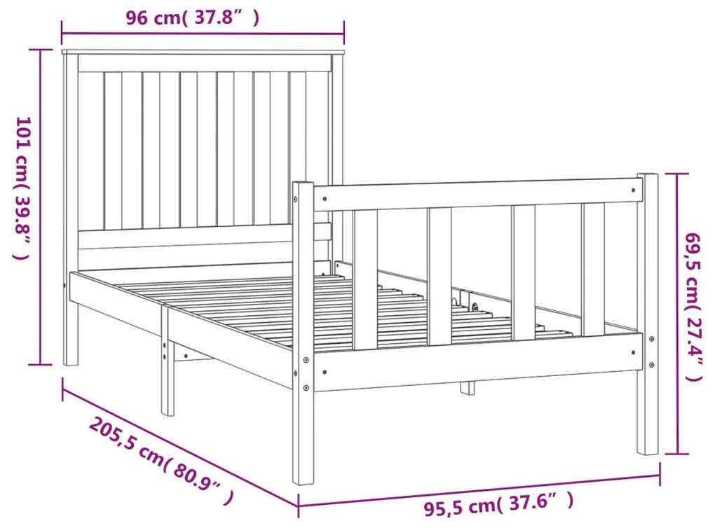 Estrutura de cama com cabeceira 90x200 cm pinho maciço preto