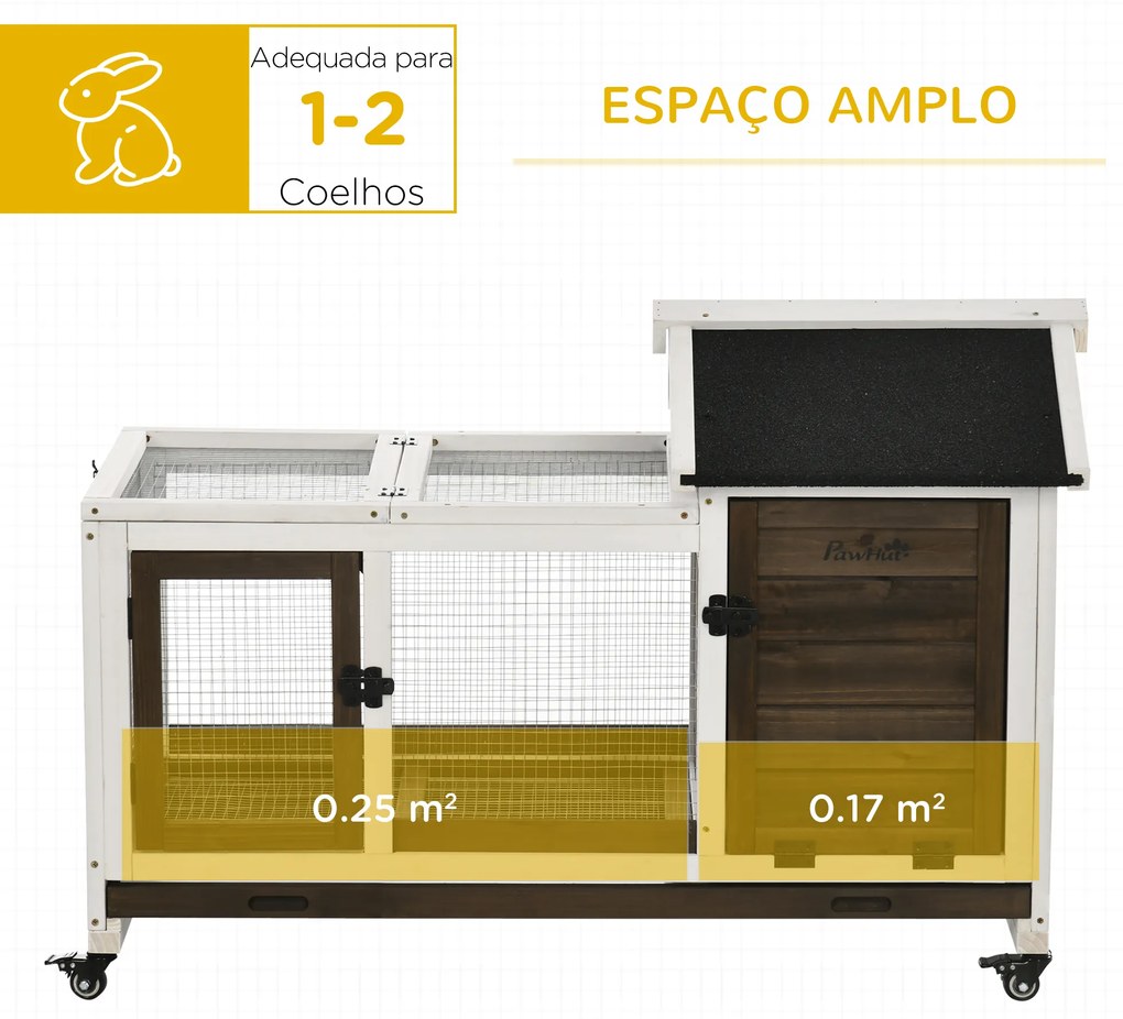 PawHut Coelheira de Madeira com Rodas 108x58x73,5cm Gaiola para 1-2 Coelhos com Teto Abatível Cerca Metálica Bandeja Amovível Portas com Trava e Rampa Marrom Café e Branco