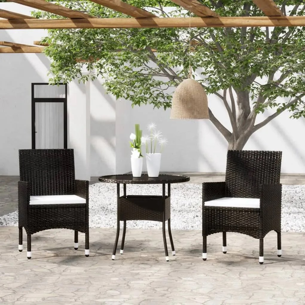 3 pcs conjunto bistrô p/ jardim vime PE e vidro temperado preto