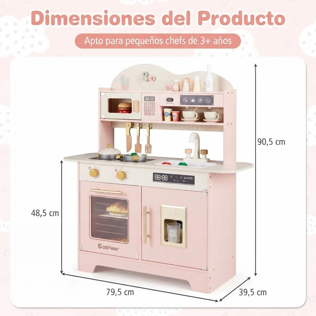 Cozinha brincar infantil de madeira 79,5 x 39,5 x 90,5 cm com 17 acessórios, forno e máquina de gelo, para crianças com mais de 3 anos, cor rosa