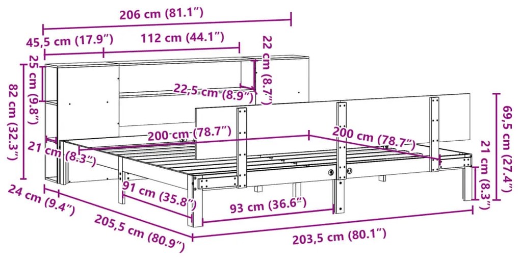 Cama com estante sem colchão 200x200 cm pinho maciço branco