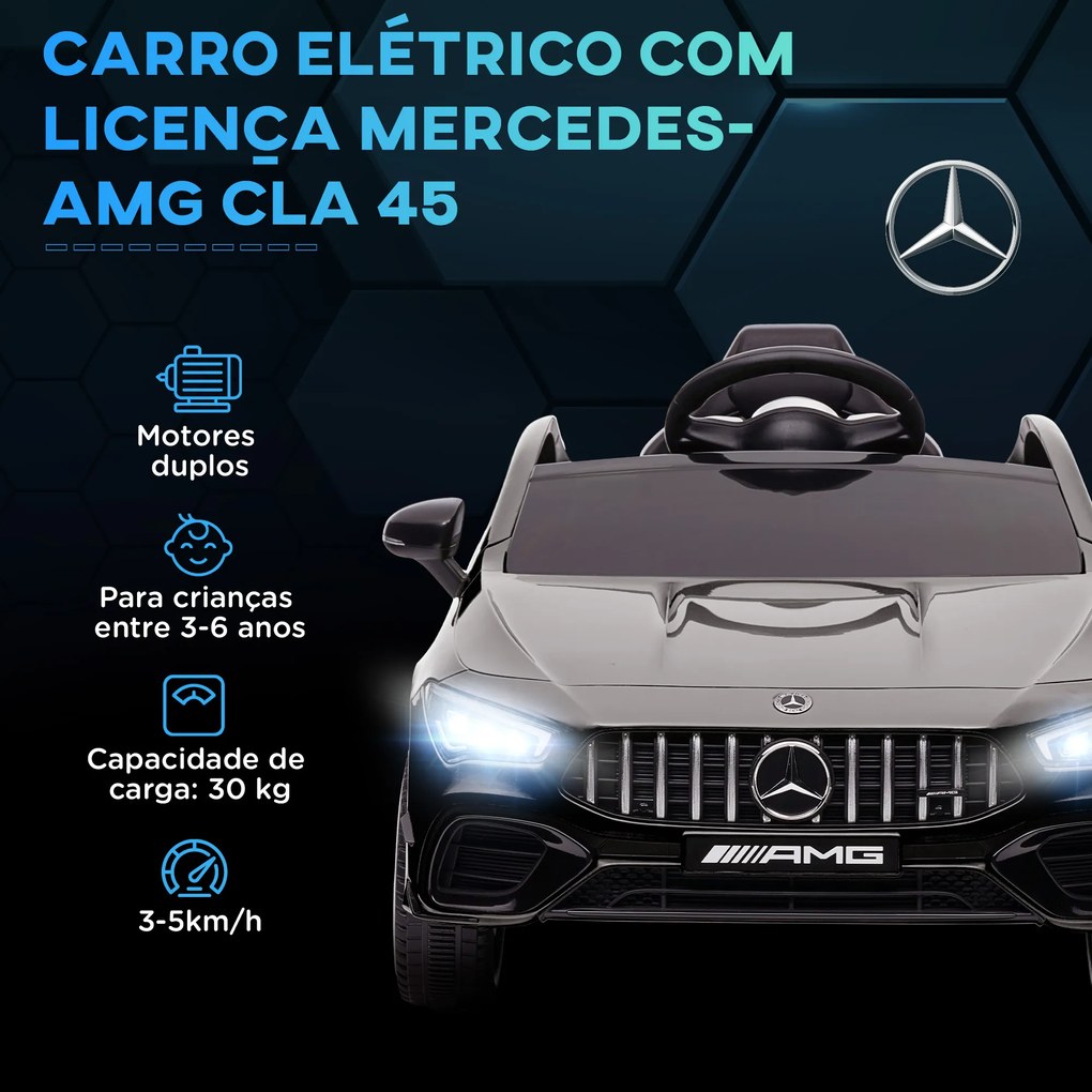 Carro Elétrico para Crianças Carro Mercedes AMG CLA 45 com Bateria 12V  Faróis LED Buzina e Música 110x61x45 cm Preto