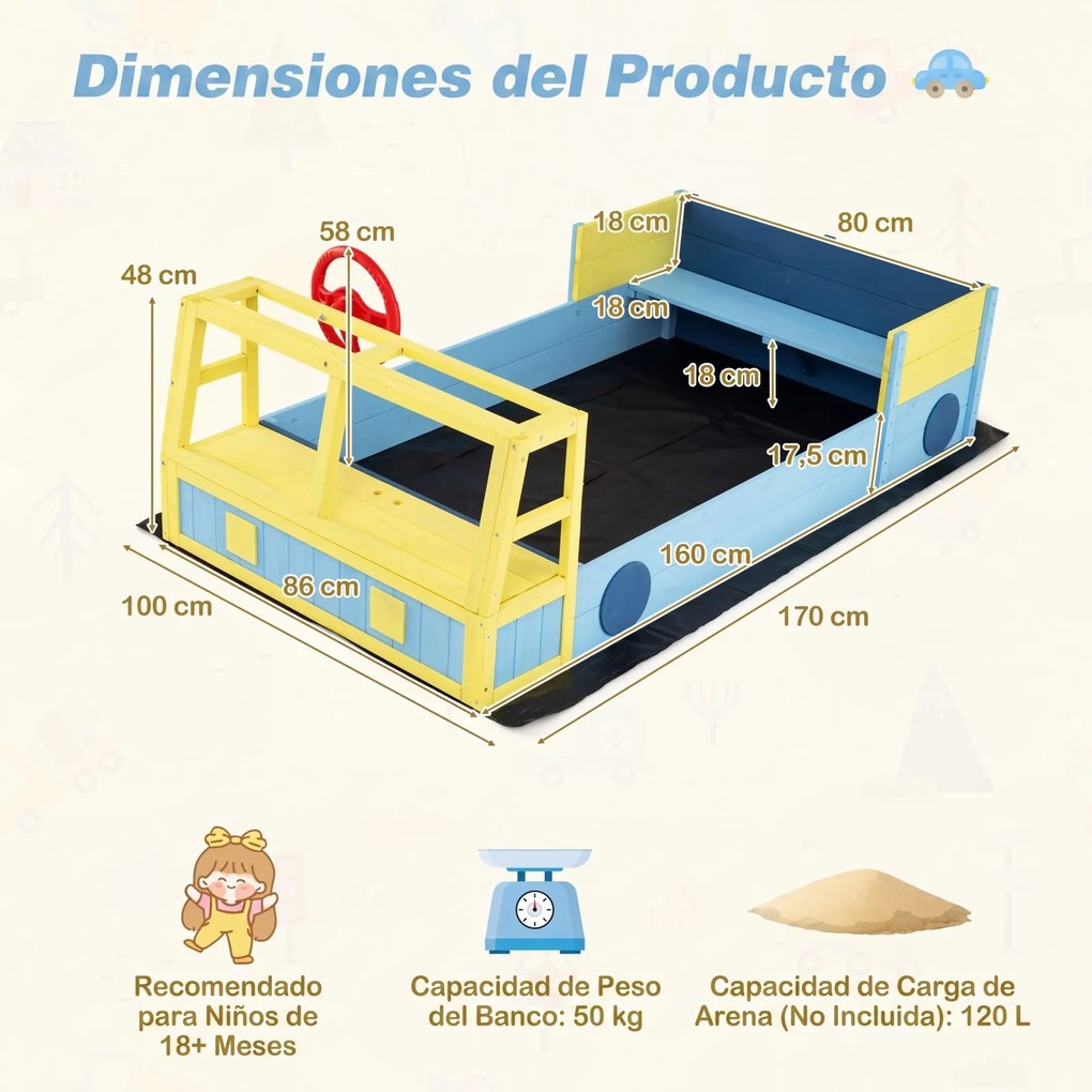 Caixa de areia infantil em madeira de abeto com forma de carro 160 x 86 x 58 cm, assento com base aberta e forro inferior, para praia, pátio ou jardim