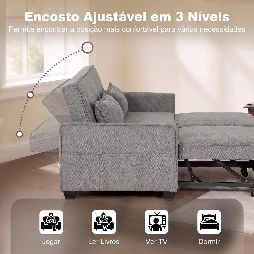 Sofá-cama de 2 Lugares 4 em 1 com 2 Módulos Extraíveis, Encosto Ajustável em 3 Posições, Bolsos Laterais e 2 Almofadas, Cinzento
