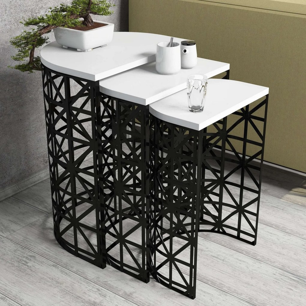 Conjunto de Mesas de Apoio Stil Metal Ferforje – Branco/Preto – 46x62x