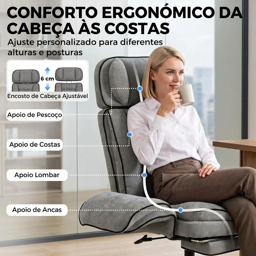 Cadeira de Escritório com Apoio para os Pés, Apoios de Braços Rebatíveis, Encosto Alto Reclinável 145° e Apoio de Cabeça Ajustável, Cinzento