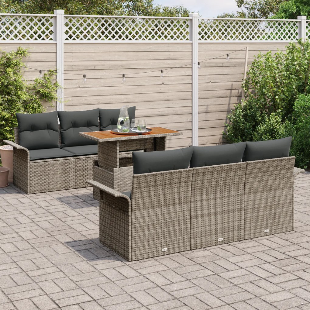 Conjunto de Sofás de Jardim de 7 Peças com Almofadas Cinza Rattan Poly