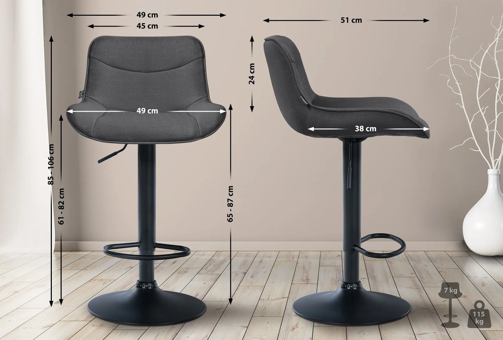 Banco alto em tecido com estrutura preta 85-106 x 49 x 51 cm cinzento escuro