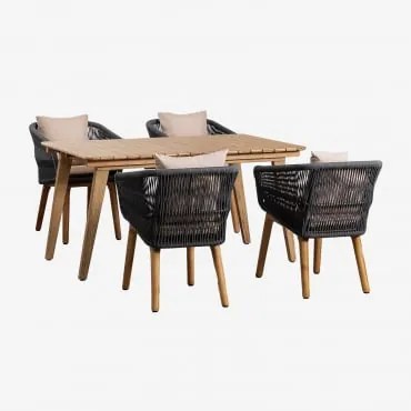 Conjunto De Mesa Extensível De Madeira (150-200x90 Cm) Naele E 4 Cadeiras De Jardim Barker Cinza Antracite - Sklum