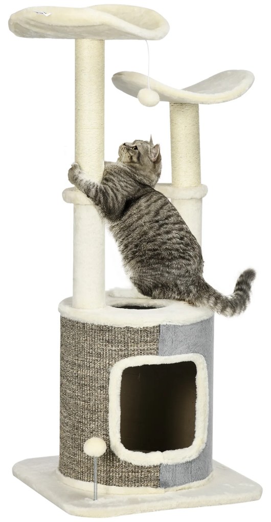 PawHut Arranhador Gato Caverna Pelúcia Plataformas Postes Sisal Bolas 48x48x110cm Creme Cinza Lazer Gatuno | Aosom Portugal