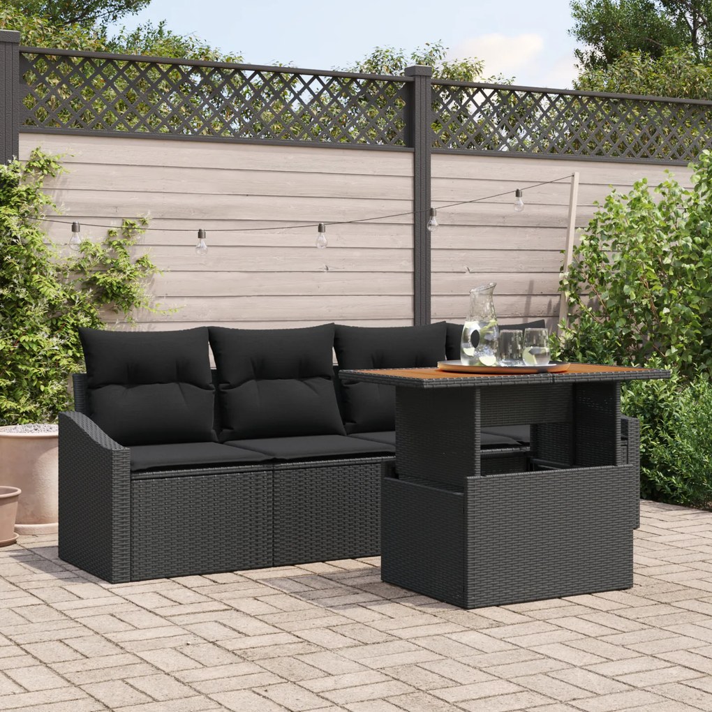 Conjunto de Sofás de Jardim com 5 Peças e Almofadas Preto Rattan
