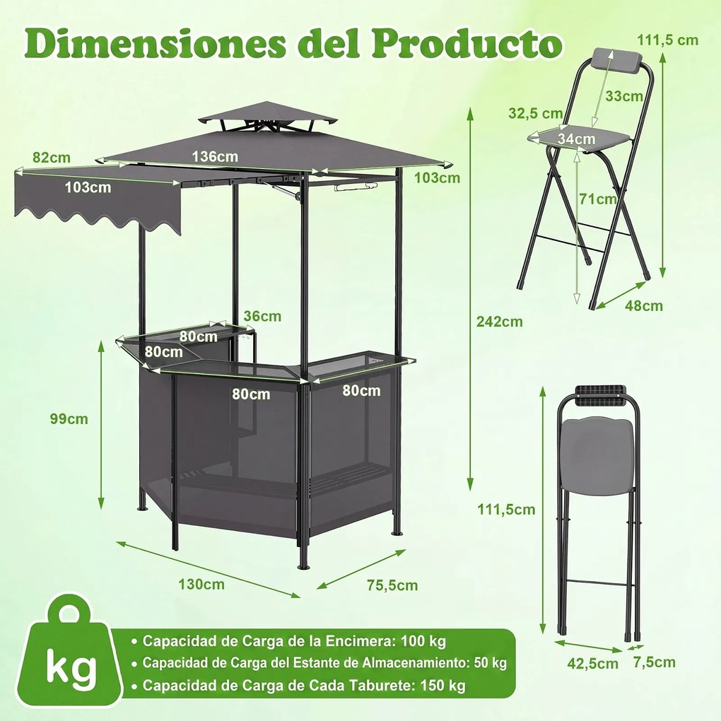 Abrigo para churrasco ou bar com 2 Bancos Dobráveis, 229 x 177 x 160 cm, Estrutura Metálica Reforçada, Cinzento