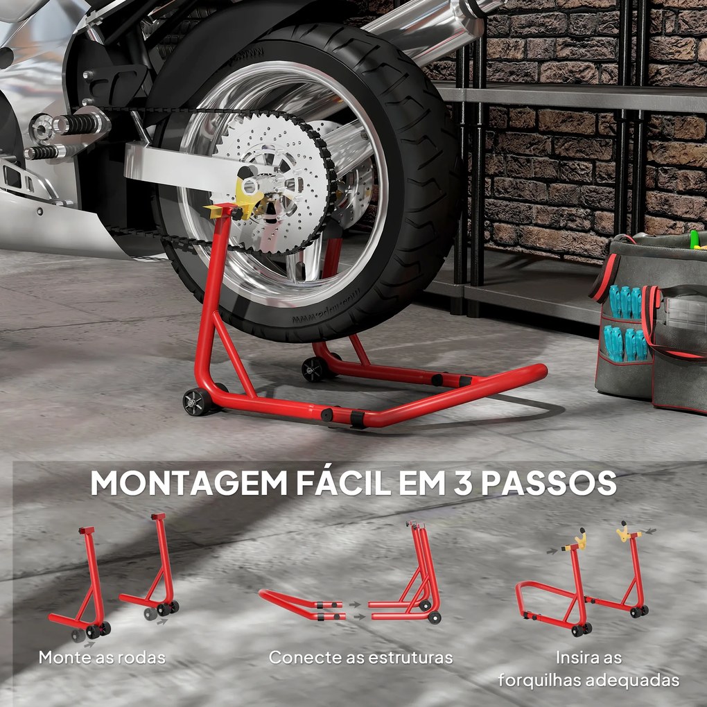 Cavalete Elevador Universal Suporte Roda Traseira Mota com Forquilhas em U e L Ajustáveis e Almofadas Antiderrapantes 58,5x34,5x69 cm Vermelho