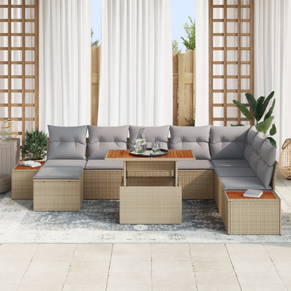 Conjunto de Jantar Jardim de 9 Peças com Almofadas Bege em Rattan Sint