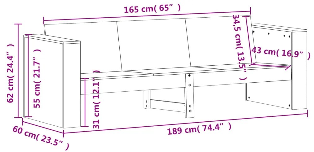 Sofá 3 lugares p/ jardim 189x60x62 cm pinho maciço castanho-mel