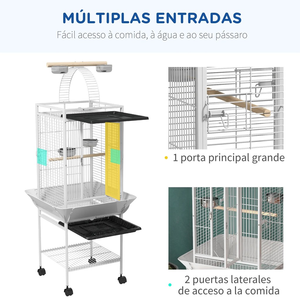 Gaiola para Pássaros com Suporte e Rodas 62,5x62,5x156 cm Ponte de Arco 2 Poleiros 4 Comedouros 2 Bandejas Removíveis