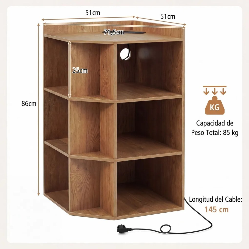Estante de canto 51 x 71,5 x 86 cm com estação de carregamento e 9 compartimentos para quarto, sala ou cozinha Cor Madeira