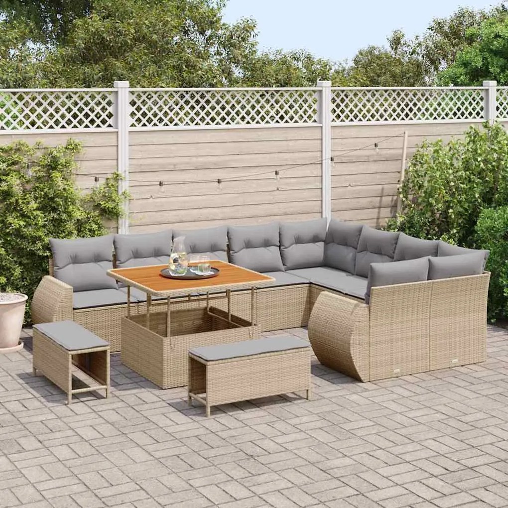 Conjunto de Sofá de Jardim 12 Peças com Almofadas Bege Rattan Sintétic