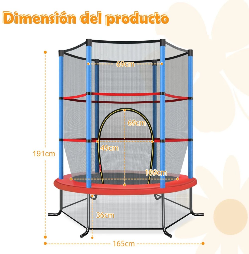 Trampolim para crianças 191 cm com rede de segurança e almofada para molas recreativas Estrutura em aço Azul