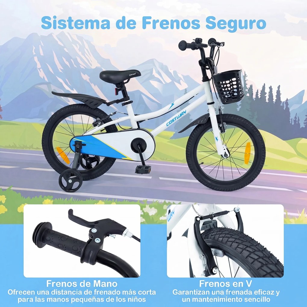 Bicicleta Infantil 4-7 anos, 114,5 x 56 x 71,5-77 cm, Rodas Estabilizadoras Removíveis, Branco
