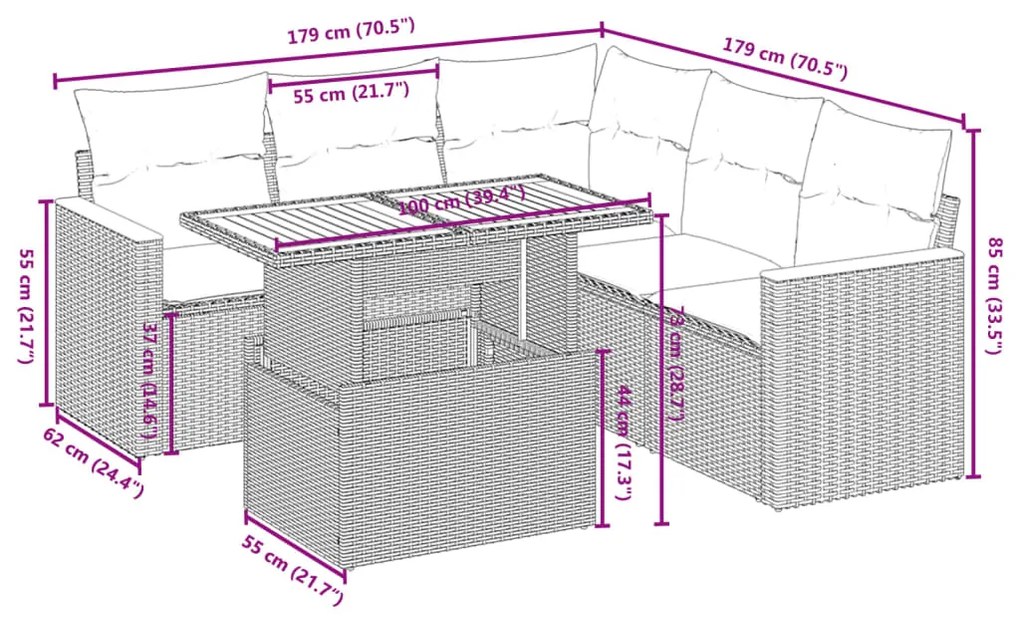 6 pcs conjunto sofás de jardim c/ almofadões vime PE preto