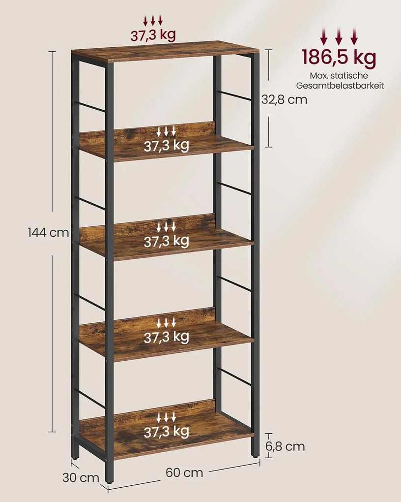 Estante com 5 prateleiras e painéis traseiros em design industrial 30 x 60 x 144 cm Castanho vintage + Preto