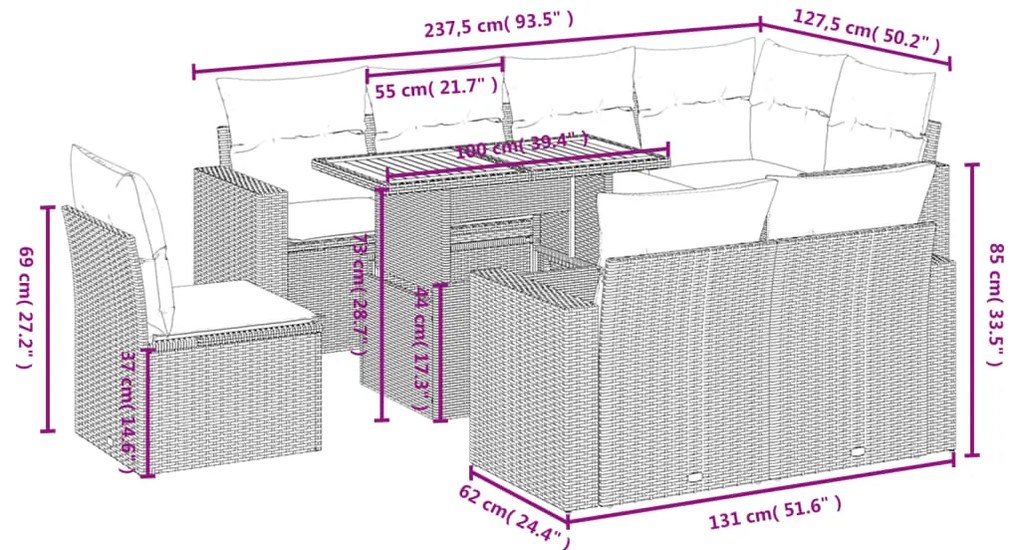 9 pcs conjunto sofás p/ jardim com almofadões vime PE cinzento