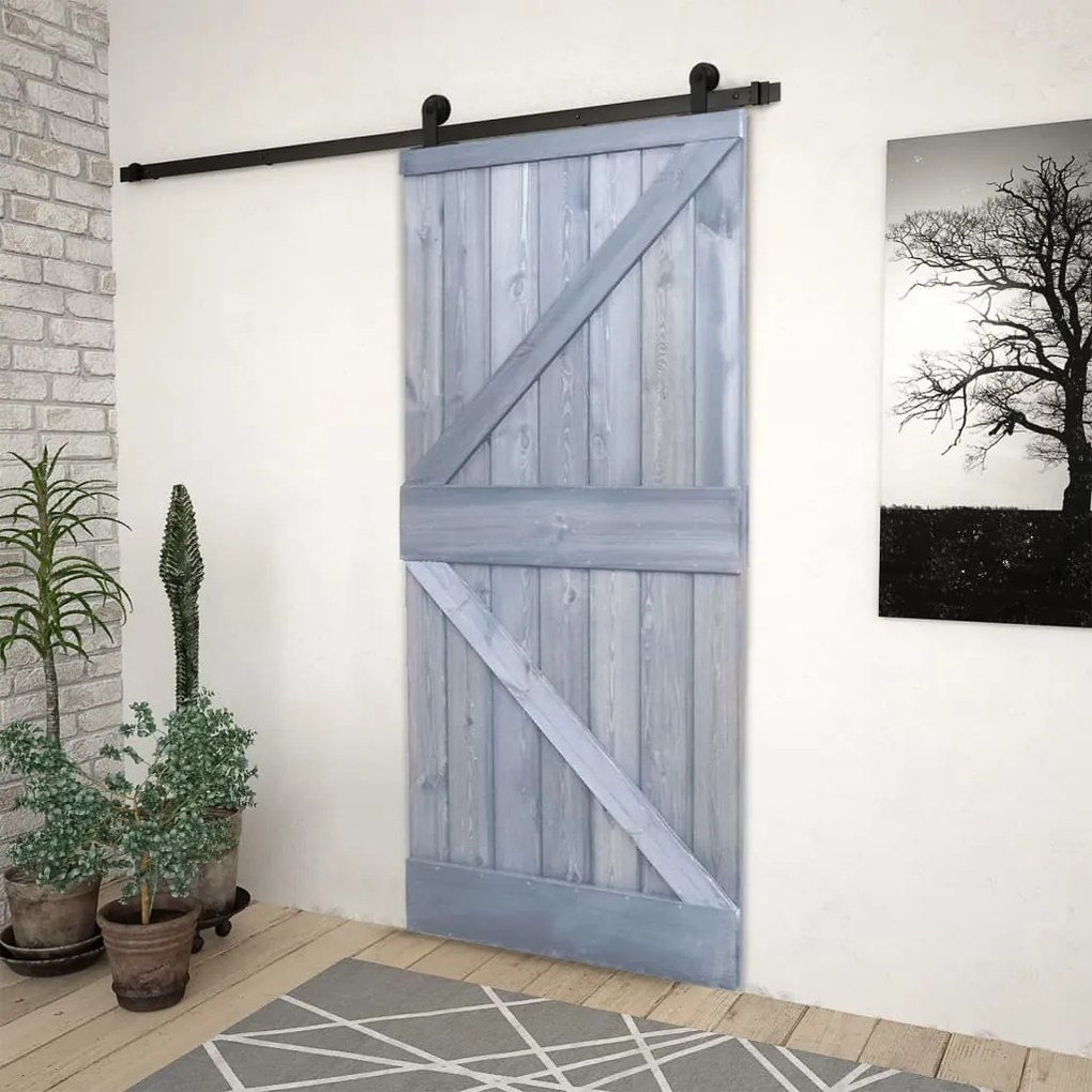 vidaXL Porta de correr com ferragens 90x210 cm pinho maciço cinzento