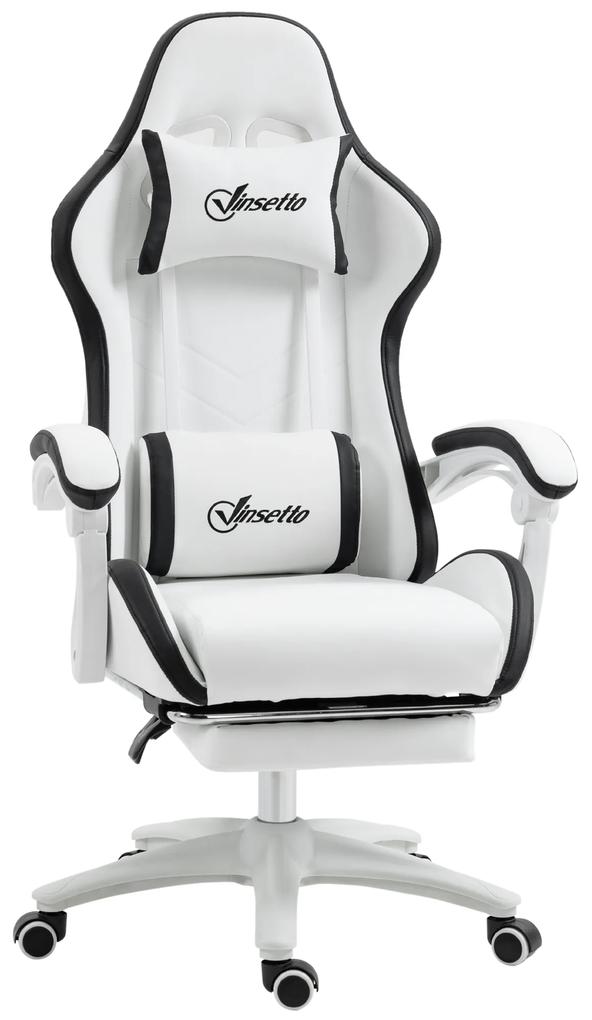 Cadeira Gaming de Couro PU com Altura Ajustável Reclinável 135° e Apoio para os Pés Retrátil 65x65x121-129 cm Branco e Preto
