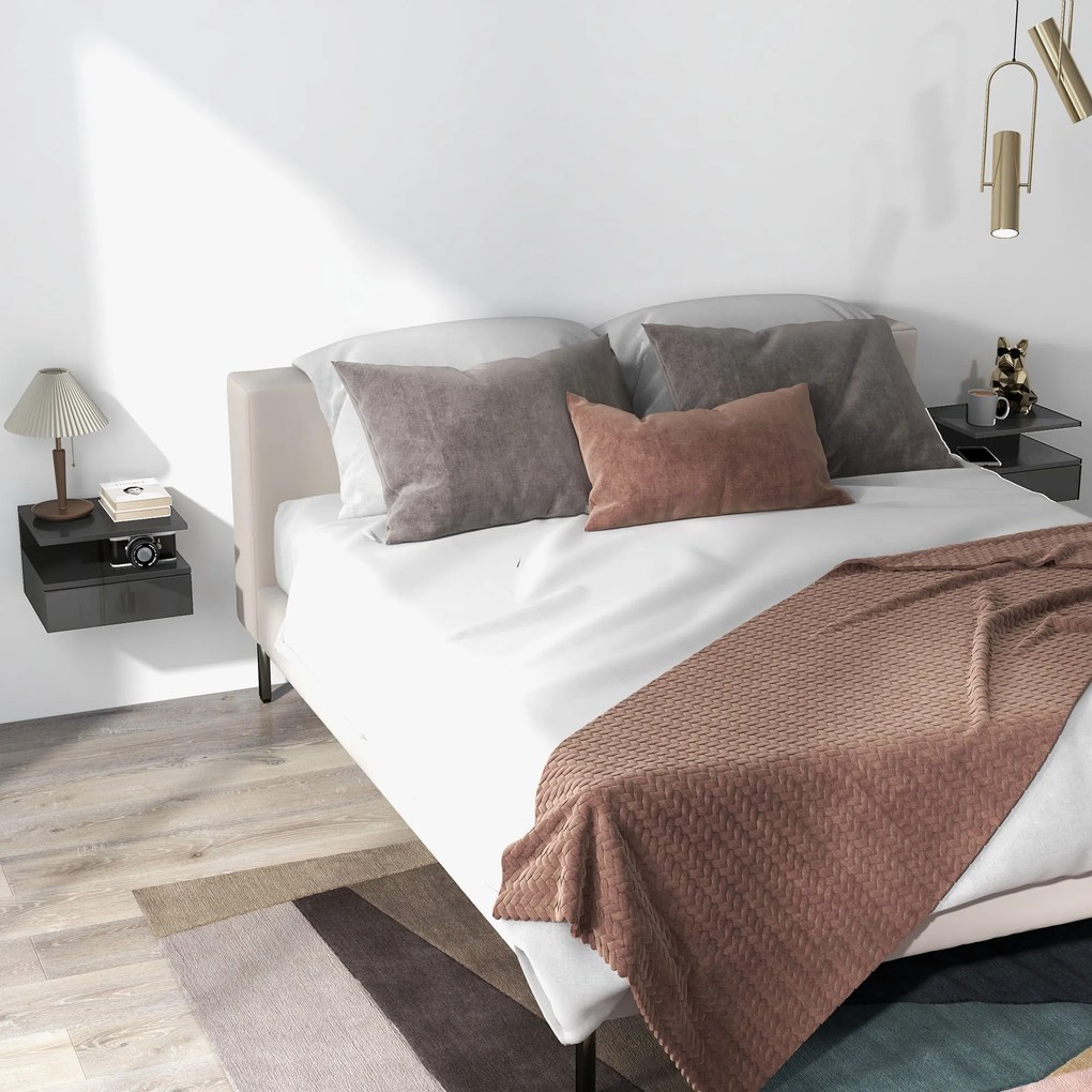 Conjunto de 2 Mesas de Cabeceira Flutuantes com Gaveta e Prateleira Aberta para Sala de Estar, 35x32x22,5 cm Preto Brilhante