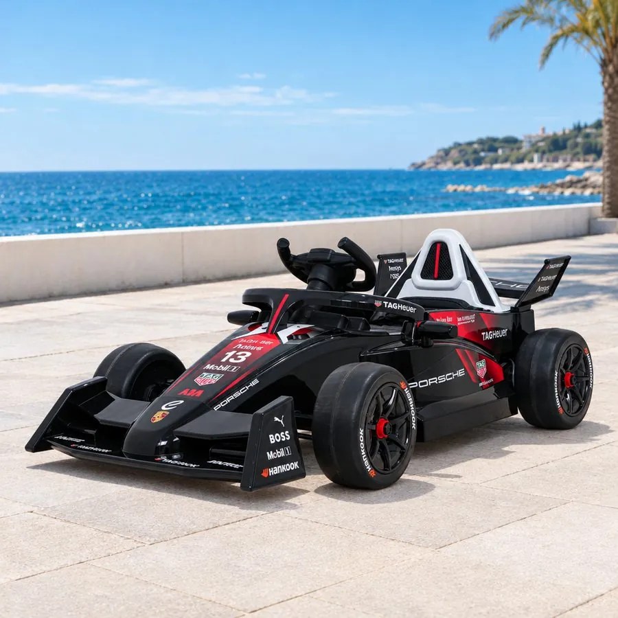 Carro elétrico para Crianças Corrida Formula E Porsche Rodas Espuma EVA, Assento couro ecológico Vermelho/Preto