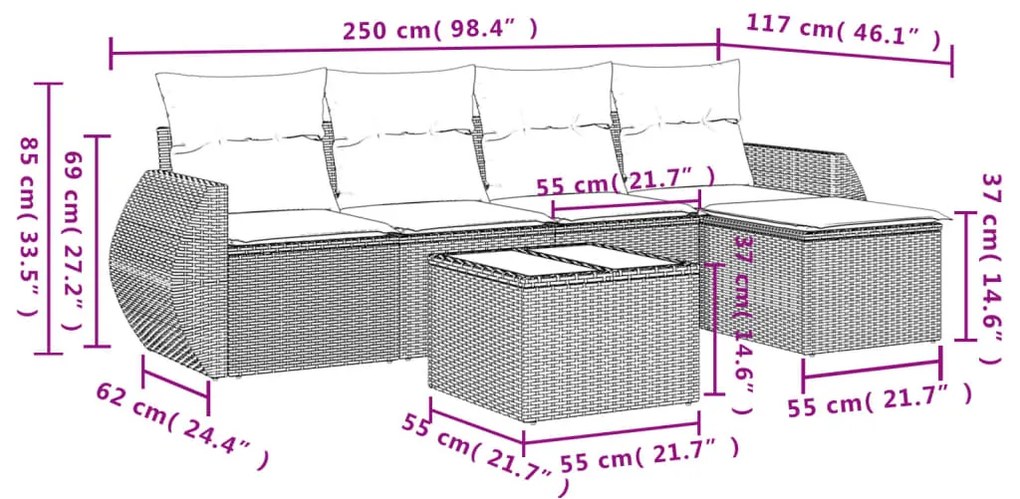 6 pcs conjunto de sofás p/ jardim com almofadões vime PE bege