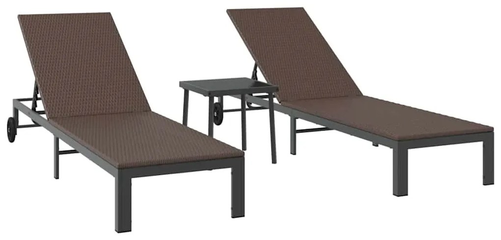 Conjuntos de espreguiçadeiras 2 pcs com rodas e mesa em rattan sintéti