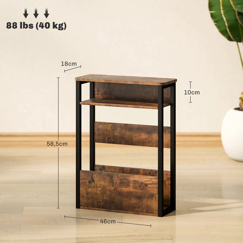 Mesa auxiliar/mesa de cabeceira com prateleira de dois níveis 46 x 18 x 58,5 cms, cantos arredondados, castanho rústico