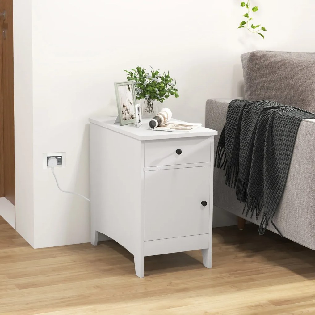 Mesa de apoio ou mesa de cabeçeira com estação de carregamento, porta USB e tomadas com gaveta branco