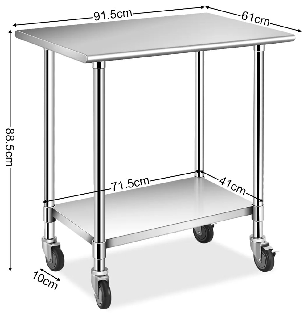 Carrinho de cozinha, Mesa de trabalho em aço inoxidável 91,5 x 61 x 88,5cm prateada